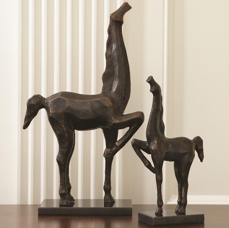 Cubist Style Iron Finish Horse Duo