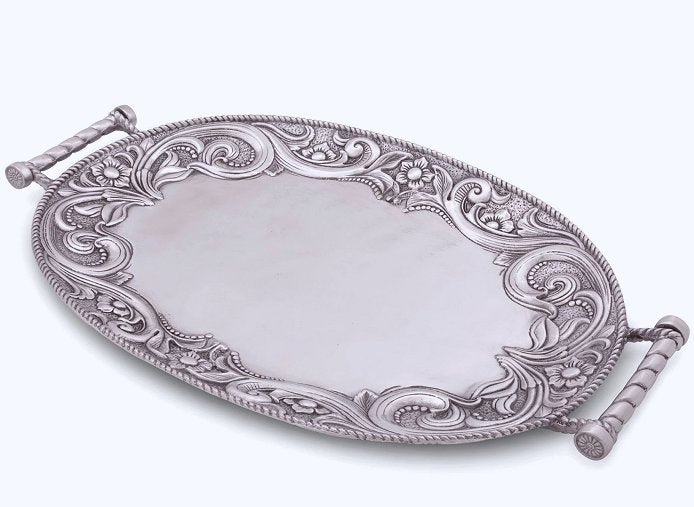 Tooled Leather Trim Aluminum Serving Tray