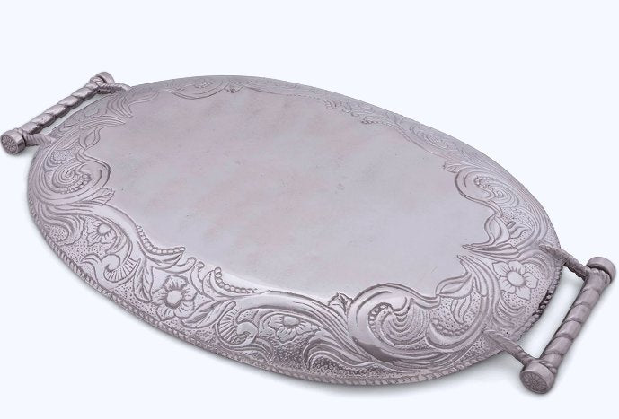 Tooled Leather Trim Aluminum Serving Tray