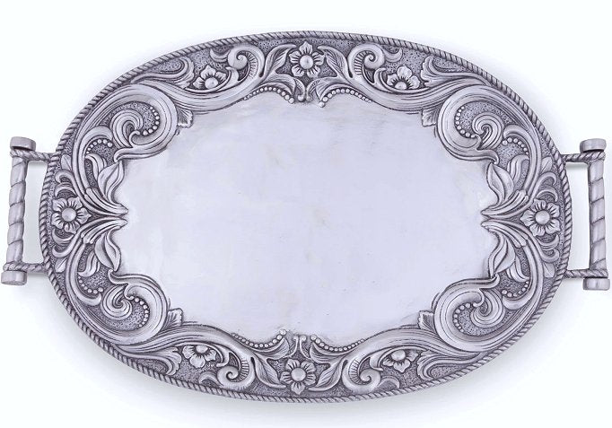 Tooled Leather Trim Aluminum Serving Tray