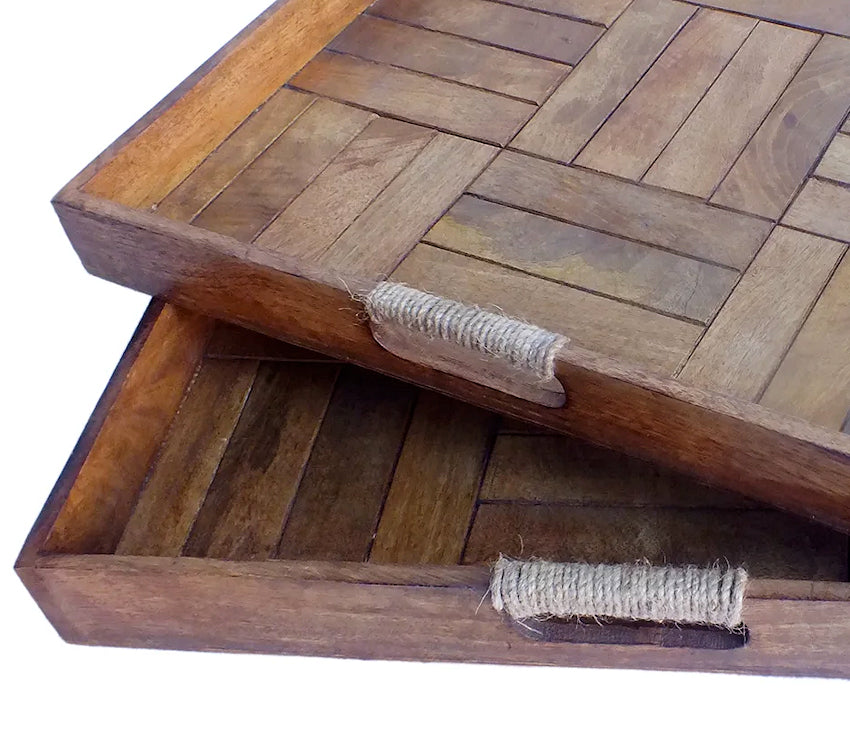 Jute Handled Wood Parquetry Serving Tray Set