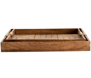 Jute Handled Wood Parquetry Serving Tray Set