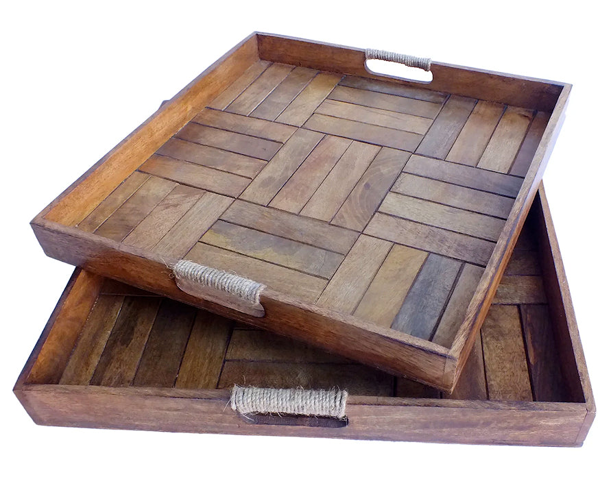 Jute Handled Wood Parquetry Serving Tray Set