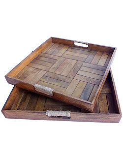 Jute Handled Wood Parquetry Serving Tray Set