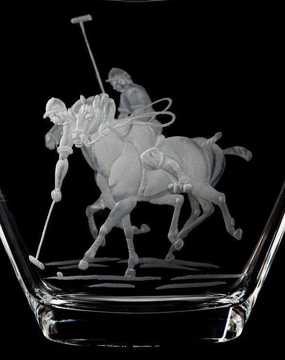 Engraved Glass Polo Match Vase